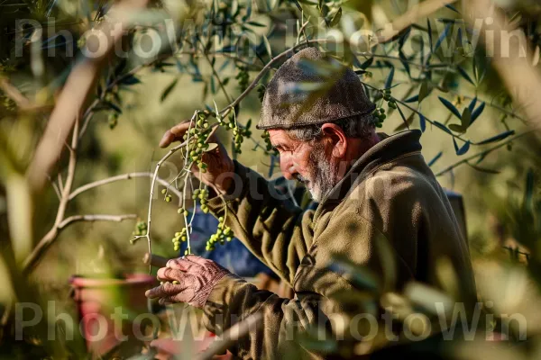 חקלאי מטפל במטע הזיתים שלו בגליל, ממדינת ישראל. אנשים בטבע, צמח, זָקָן