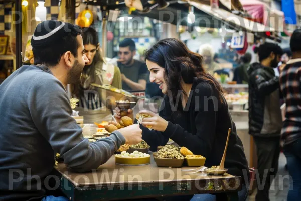 חברים חולקים פלאפל בדוכן אוכל רחוב בעכו, ממדינת ישראל. צרכן, כלי שולחן, ז\'קֵט