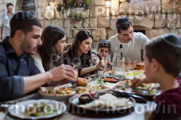 משפחה נהנית מארוחה משותפת בעיר העתיקה בירושלים, ממדינת ישראל. מזון, כלי שולחן, שולחן