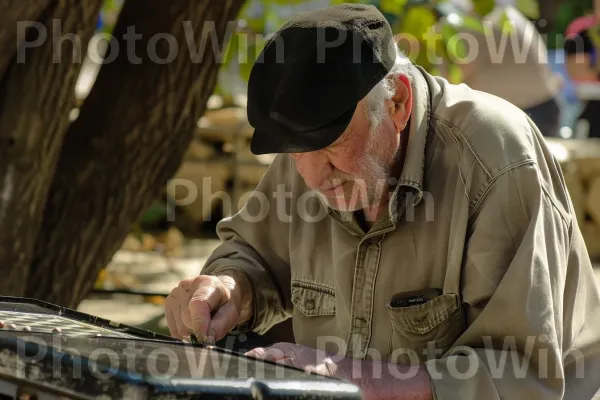 גברים מבוגרים משחקים שש בש בפארק ירושלמי, ממדינת ישראל. עץ, עֵץ, כובע בייסבול