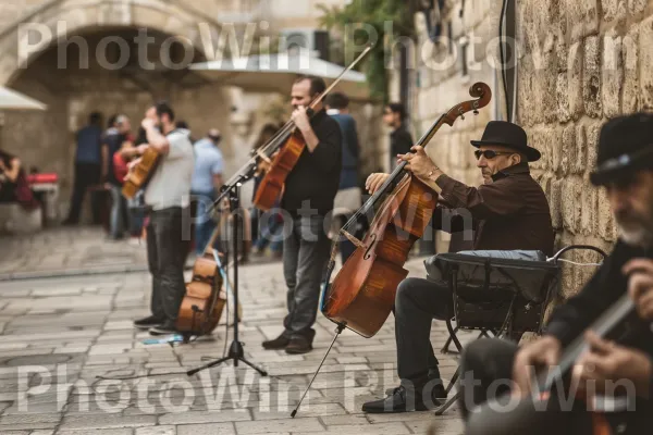 נגני רחוב ממלאים את האוויר בניגוני כליזמרים תוססים, ממדינת ישראל. מכנסיים, משפחת כינורות, הלהקה מנגנת