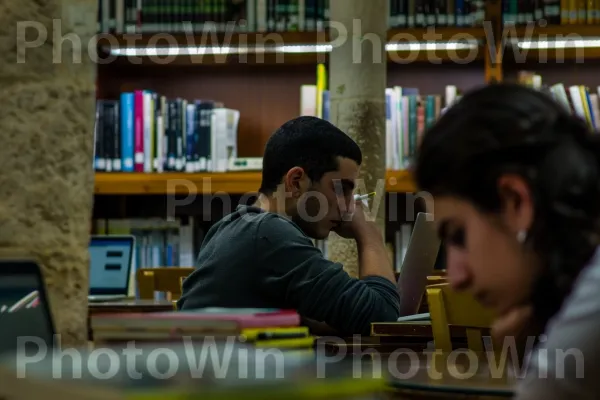 סטודנטים הלומדים בספרייה באוניברסיטה העברית, ממדינת ישראל. כּוֹנָנִית, סֵפֶר, כֵּיף