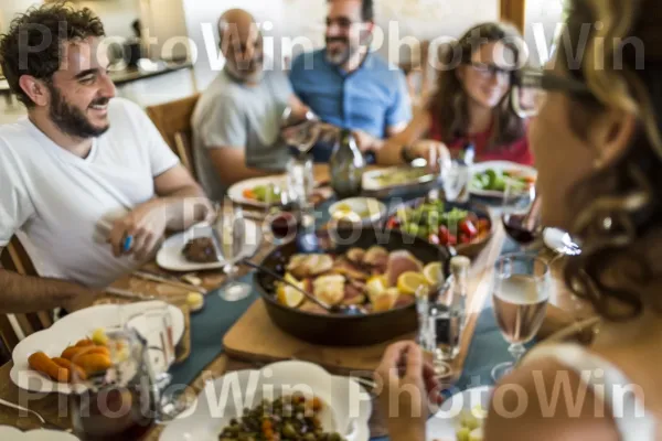 חברים מתכנסים לארוחת שבת בבית נעים ממדינת ישראל. מזון, שולחן, צַלַחַת