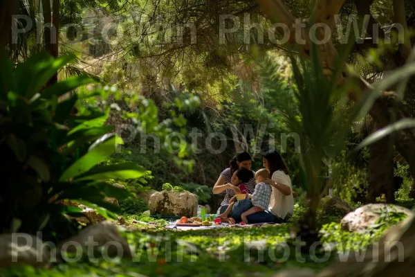 משפחות בפיקניק בגנים השופעים של עין גדי, ממדינת ישראל. אנשים בטבע, נוף טבעי, צִמחִיָה