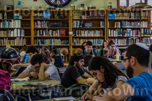 סטודנטים לומדים יחד בספרייה תל אביבית שוקקת, ממדינת ישראל. תַצלוּם, שולחן, סֵפֶר