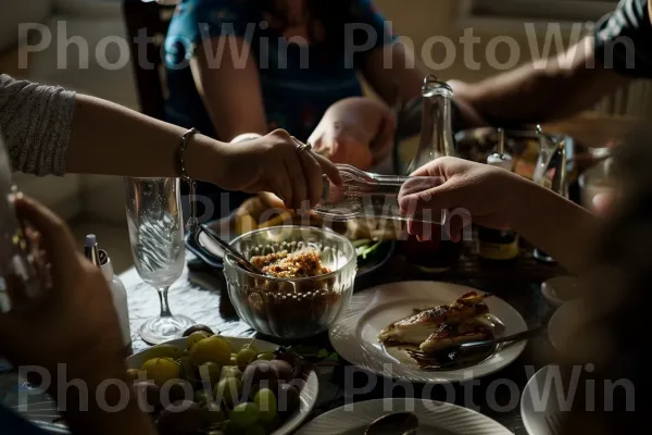 קבוצת חברים נהנית יחד מארוחת שבת מסורתית ממדינת ישראל. מזון, כלי שולחן, מִטְבָּח