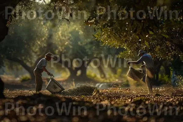 פועלי מסיק זיתים במטע שופע בגליל, ממדינת ישראל. אנשים בטבע, עץ, דֶשֶׁא