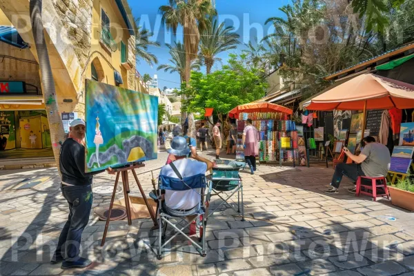 אמנים צובעים את רחובותיה הצבעוניים של מושבת האמנים ביפו ממדינת ישראל. שָׁמַיִם, עֵץ, פְּנַאִי