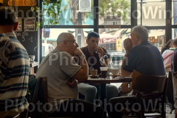 מקומיים לוגמים קפה ודנים בפוליטיקה בבית קפה תל אביבי, ממדינת ישראל. פְּנַאִי, כֵּיף, חולצה קצרה