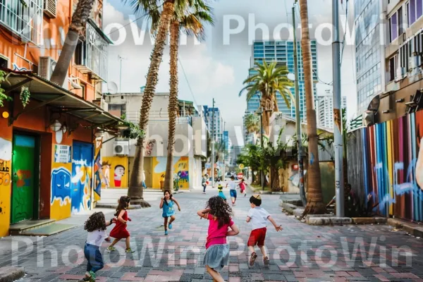 ילדים משחקים ברחובות שכונה תל אביבית תוססת ממדינת ישראל. הַלבָּשָׁה, שְׁעוֹת הַיוֹם, כְּחוֹל