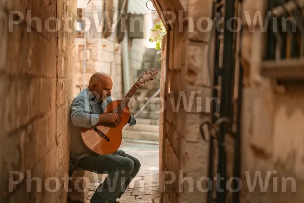 מוזיקאי מנגן עוד בסמטה מוזרה בעכו, ממדינת ישראל. גִ\'ינס, גִיטָרָה, עץ