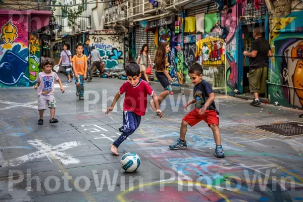 ילדים משחקים כדורגל ברחובות תל אביב, ממדינת ישראל. ציוד ספורט, בן אנוש, כֵּיף