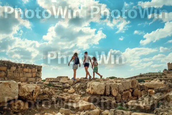 בני נוער חוקרים חורבות עתיקות בקיסריה, ממדינת ישראל. אנשים בטבע, טיול, שַׂמֵחַ