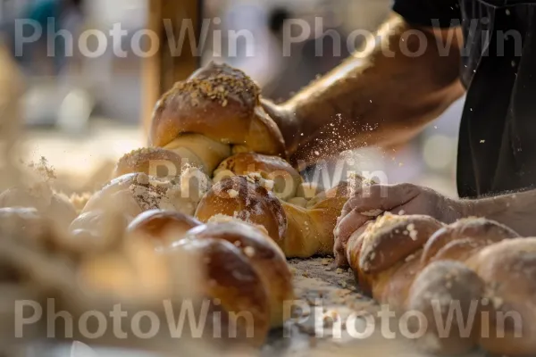 אופים מסורתיים מכינים לחם חלה טרי לשבת, ממדינת ישראל. מזון בסיסי, כלי שולחן, לחמנייה