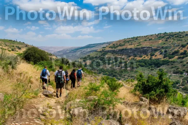 קבוצת חברים מטיילת ברמת הגולן המרהיבה ממדינת ישראל. ענן, שָׁמַיִם, קהילת צמחים