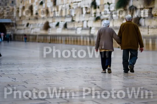 זוג מבוגרים הולך יד ביד, ממדינת ישראל. מים, פני הכביש, רַצָפוּת