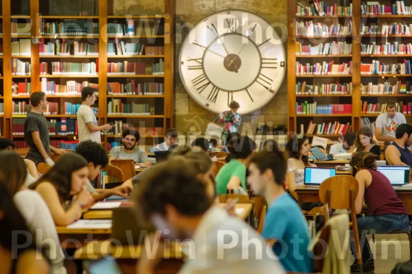 סטודנטים לומדים יחד בספרייה תל אביבית שוקקת, ממדינת ישראל. כּוֹנָנִית, מַדָף, שולחן