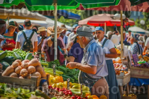 שוק איכרים בגליל שוקק תוצרת מקומית טרייה, ממדינת ישראל. מוכר, יַרקָן, מזון מלא