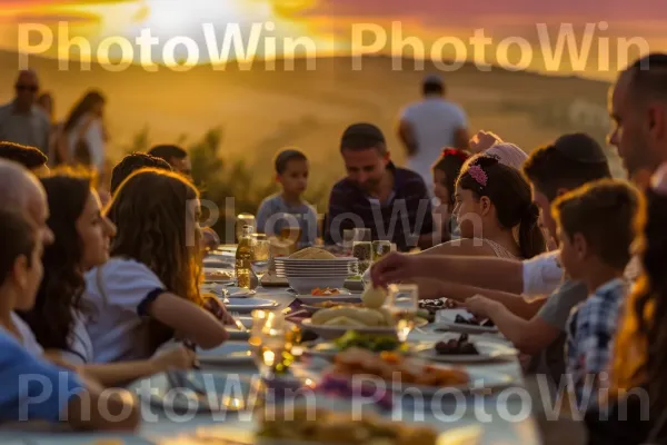 מפגש משפחתי לארוחה חגיגית במהלך חגיגת חג, ממדינת ישראל. מזון, ענן, בן אנוש