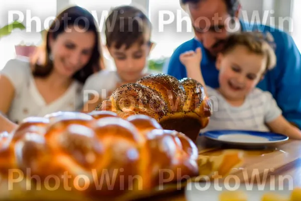 משפחה חוגגת שבת עם כיכר חלה ביתית ממדינת ישראל. מִטְבָּח, צַלַחַת, שַׂמֵחַ