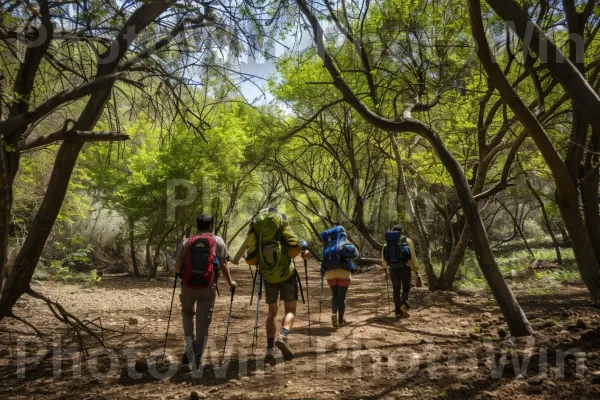 קבוצת חברים מטיילת ביערות רמת הגולן, ממדינת ישראל. עֵץ, אנשים בטבע, ציוד טיולים