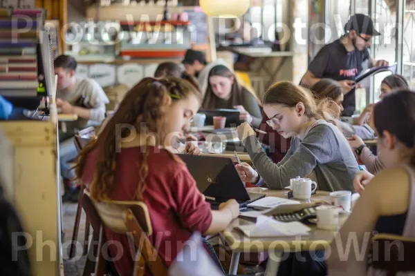 סטודנטים לומדים בבית קפה שוקק, ממדינת ישראל. כלי שולחן, צרכן, פְּנַאִי