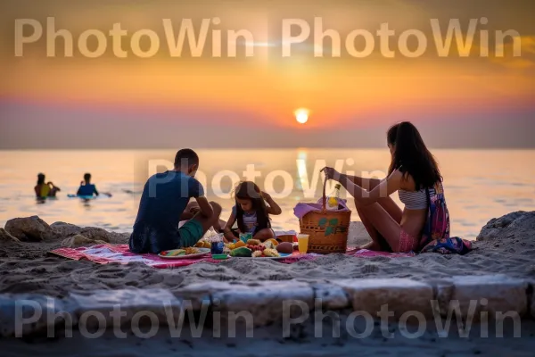 משפחה נהנית מפיקניק על שפת הים התיכון ממדינת ישראל. שָׁמַיִם, ענן, שַׂמֵחַ