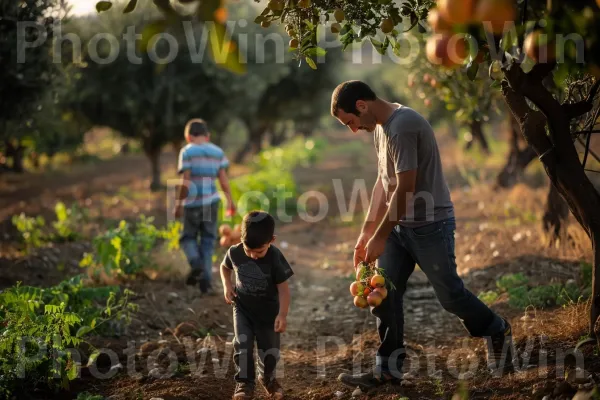 משפחה קוטפת פירות טריים בקיבוץ ברמת הגולן, ממדינת ישראל. צמח, אנשים בטבע, אוֹר שֶׁמֶשׁ