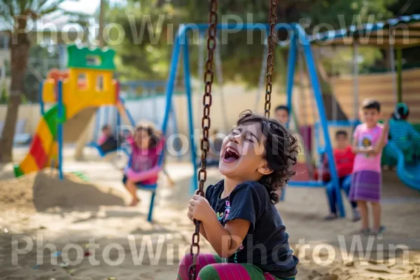 ילדים צוחקים ומשחקים בגן שעשועים צבעוני ממדינת ישראל. תַצלוּם, שַׂמֵחַ, גן שעשועים