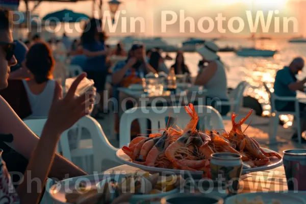 סועדים נהנים מארוחת ערב פירות ים טריים בנמל עכו ממדינת ישראל. כתום, שולחן, כלי שולחן