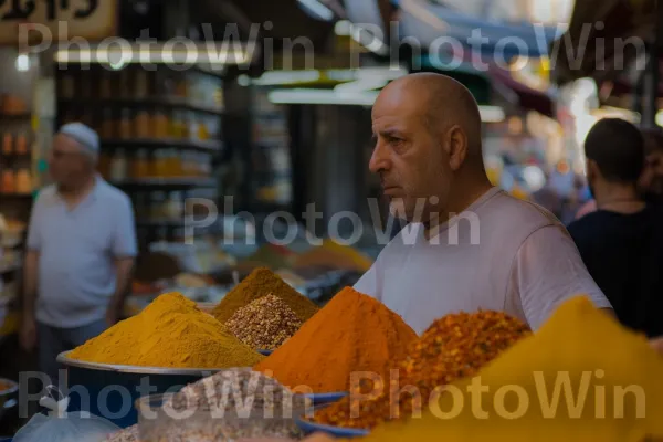 רוכל מוכר תבלינים צבעוניים בשוק הומה, ממדינת ישראל. מוצר, בית המקדש, אבקת צ\'ילי