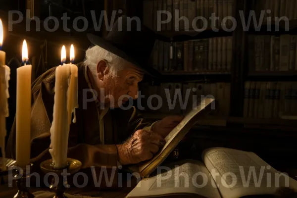 קשיש קורא בתורה בבית כנסת בירושלים ממדינת ישראל. נר, כובע, כּוֹנָנִית