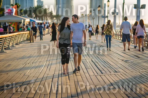 זוגות מטיילים יד ביד בטיילת התל אביבית הסואנת, ממדינת ישראל. שְׁעוֹת הַיוֹם, בִּניָן, עץ