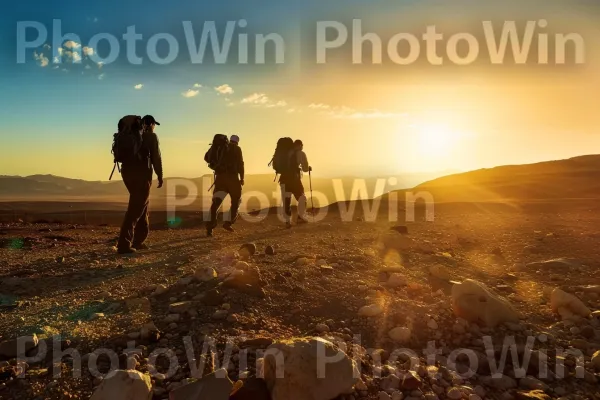 מטיילים חוקרים את מדבר הנגב בזריחה, ממדינת ישראל. שָׁמַיִם, הַר, זריחה