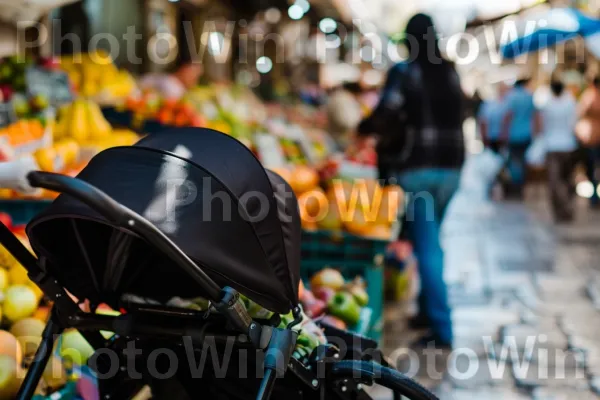 אמא דוחפת עגלה בשוק שוקק חיים בעכו, ממדינת ישראל. רכב ממונע, תיק, קָהָל