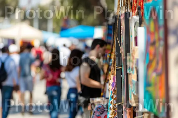 אמנים מקומיים מציגים את עבודותיהם ביריד רחוב בתל אביב, ממדינת ישראל. שְׁעוֹת הַיוֹם, מוכר, עִיר