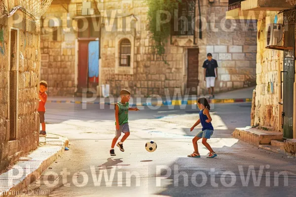 ילדים משחקים כדורגל ברחוב ירושלים שטוף שמש, ממדינת ישראל. כדורגל רחוב, פני הכביש, כדורגל