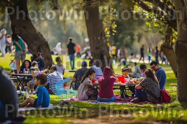 פיקניק משפחתי בפארק שטוף שמש, צוחקים ואוכלים, ממדינת ישראל. צמח, עֵץ, דֶשֶׁא