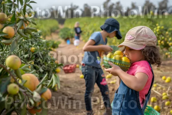 משפחה קוטפת פירות טריים בקיבוץ ברמת הגולן, ממדינת ישראל. צמח, פרי, ירוק