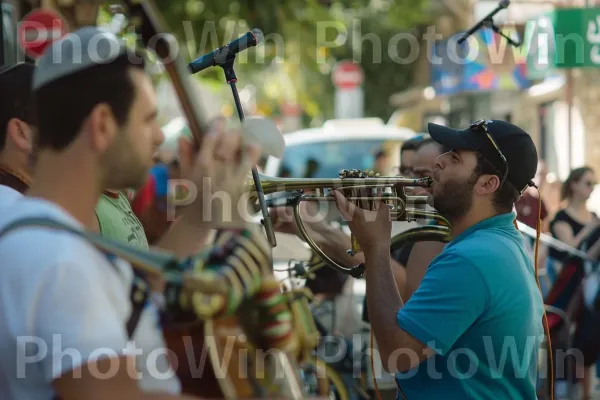 מוזיקאים בהופעה בפסטיבל רחוב תוסס בנצרת, ממדינת ישראל. כובע, כלי נשיפה, כלי נשיפה