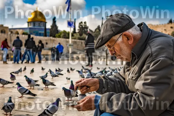 קשיש מאכיל יונים בכיכר, ממדינת ישראל. ציפור, תַצלוּם, מַקוֹר