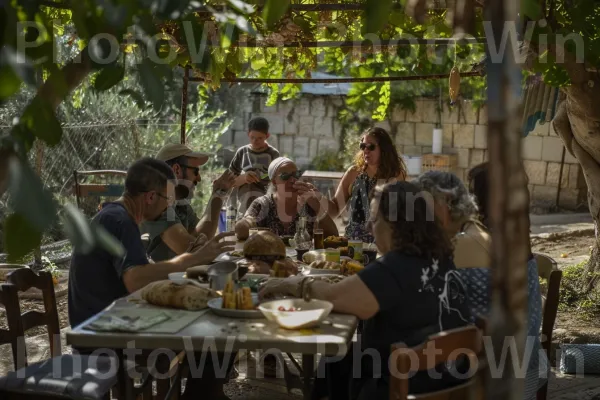 קבוצת חברים נהנית מארוחת בוקר ישראלית מסורתית בחוץ, ממדינת ישראל. רְהִיטִים, כלי שולחן, שיתוף