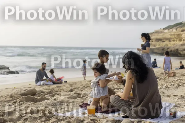 משפחה נהנית מפיקניק על החוף, ממדינת ישראל. אנשים על החוף, מִכְנָסַיִים קְצָרִים, כֵּיף