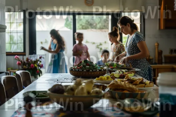 אמהות מכינות מאכלים מסורתיים לארוחת חג חגיגית ממדינת ישראל. מזון, כִּסֵא, מִטְבָּח