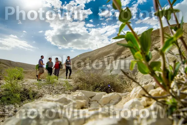 קבוצת חברים מטיילת בנגב, ממדינת ישראל. ענן, שָׁמַיִם, ציוד טיולים