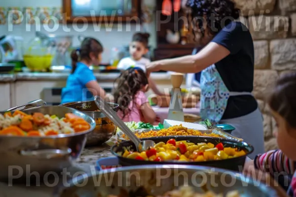 אמהות מכינות מאכלים מסורתיים לארוחת חג חגיגית ממדינת ישראל. כלי שולחן, צהוב, מַרכִּיב