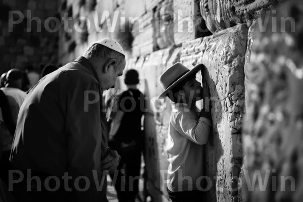 אב ובנו מתפללים בכותל המערבי בירושלים ממדינת ישראל. כיסוי ראש, שחור ולבן, כובע