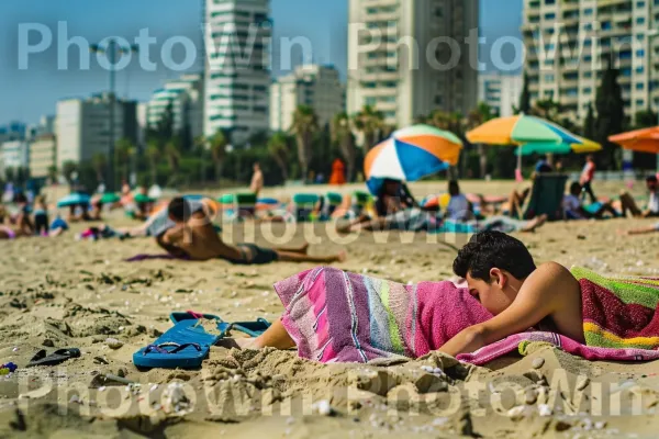 בני נוער מתרווחים בחופי השמש של חיפה, ממדינת ישראל. שָׁמַיִם, בִּניָן, החוף