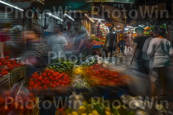 סצנת שוק עם רוכלים המוכרים תוצרת טרייה, שוקקת וצבעונית, ממדינת ישראל. מזון, שׁוּק, קמעונאות