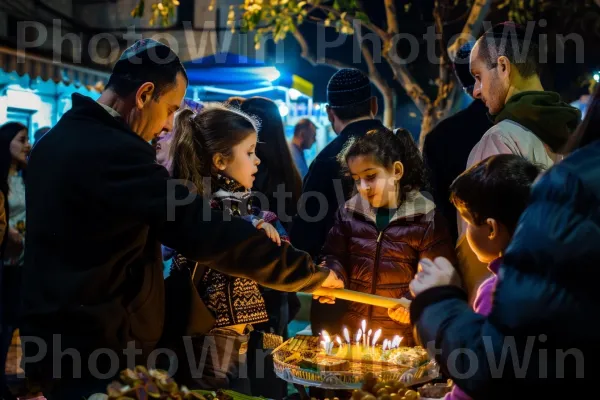 משפחה חוגגת את חנוכה בטקס הדלקת חנוכייה באשקלון, ממדינת ישראל. תְאוּרָה, נר, קהילה